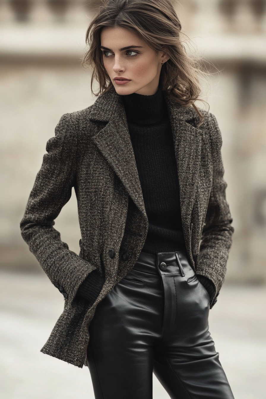 Classic woman's style. Tweed jacket combined with sleek leather pants.