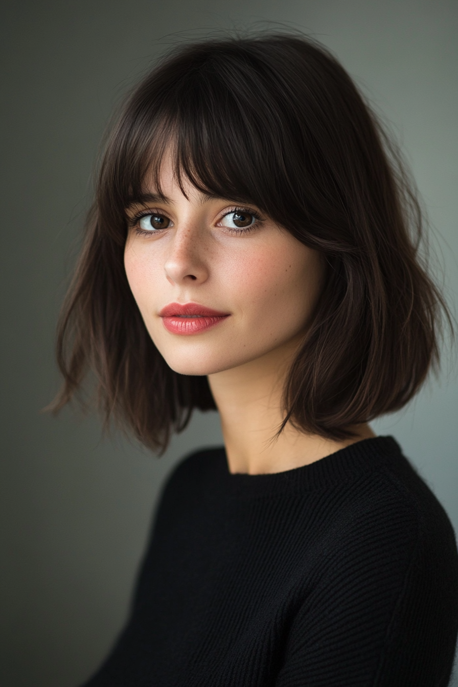 Modern women's style. Dark brown bob with choppy layers and curtain bangs.