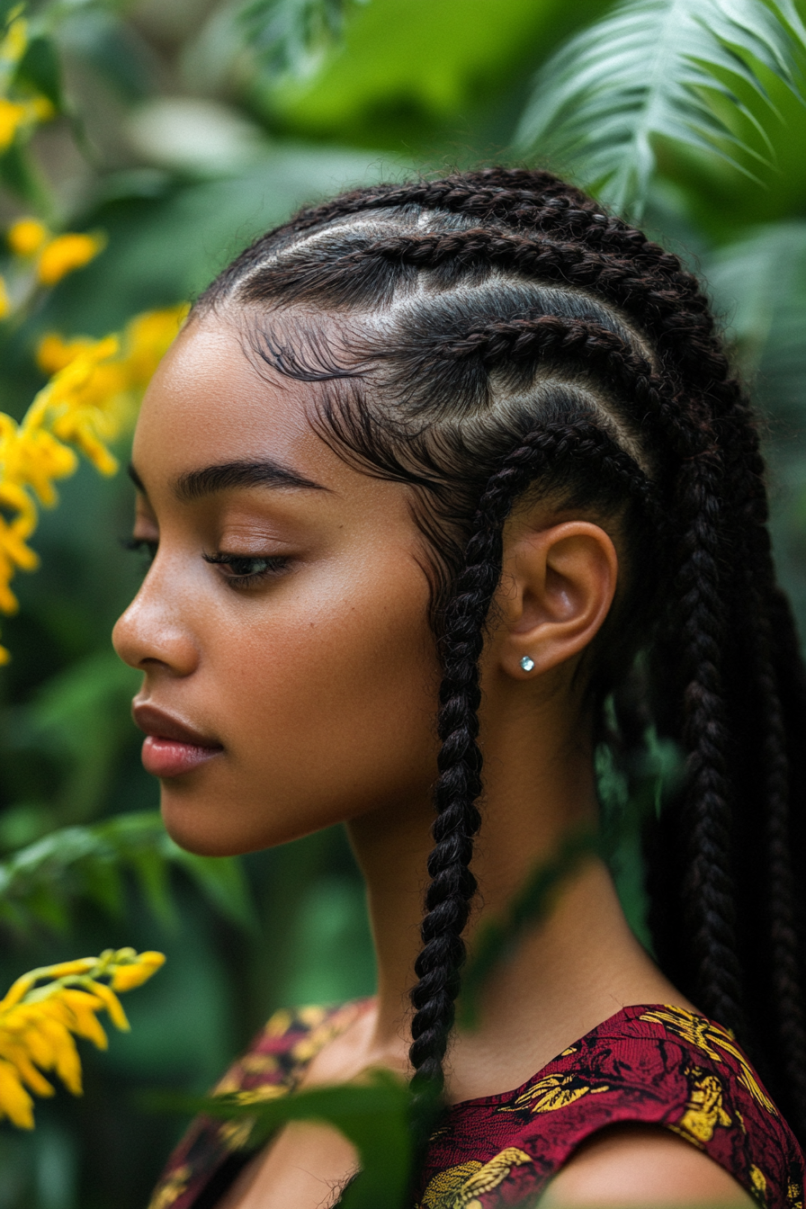 Braided hairstyle. Center part cornrows with botanical haircare oil.