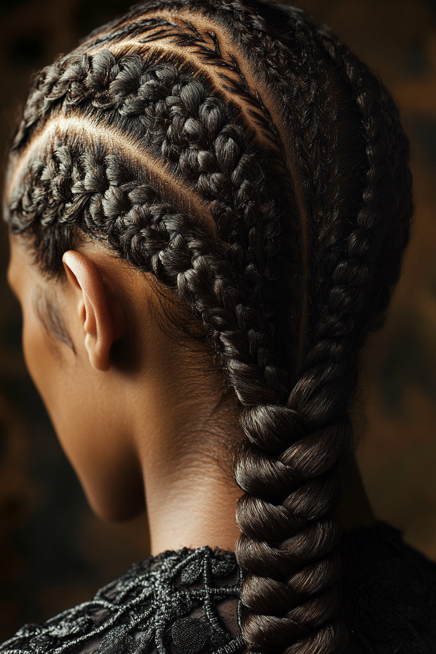 Braided hairstyle. Inverted fishtail braid with intricate designs over moisturized scalp.