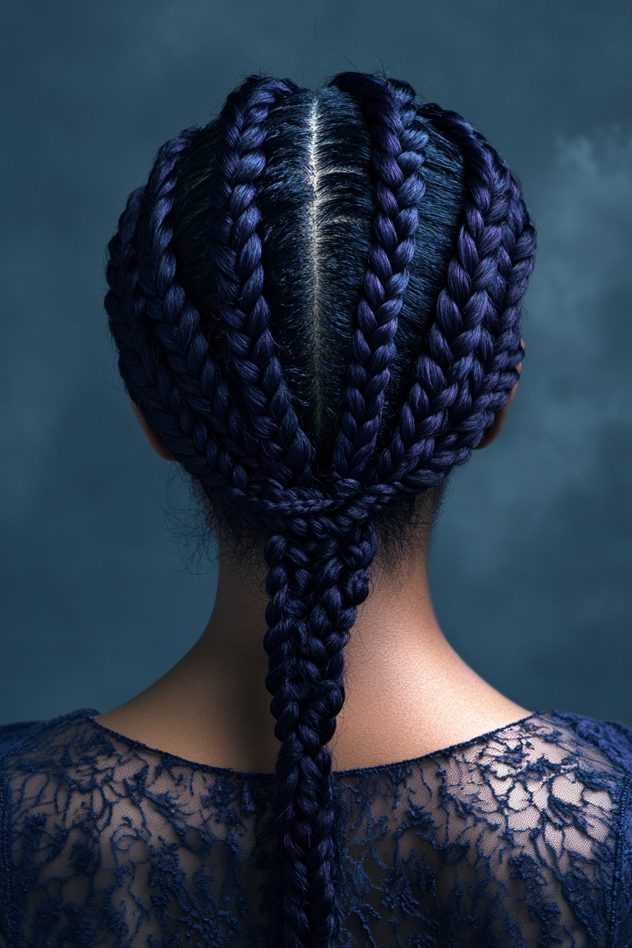 Braided women's style. Serpentine scalp cornrows with lavender hair oil application.