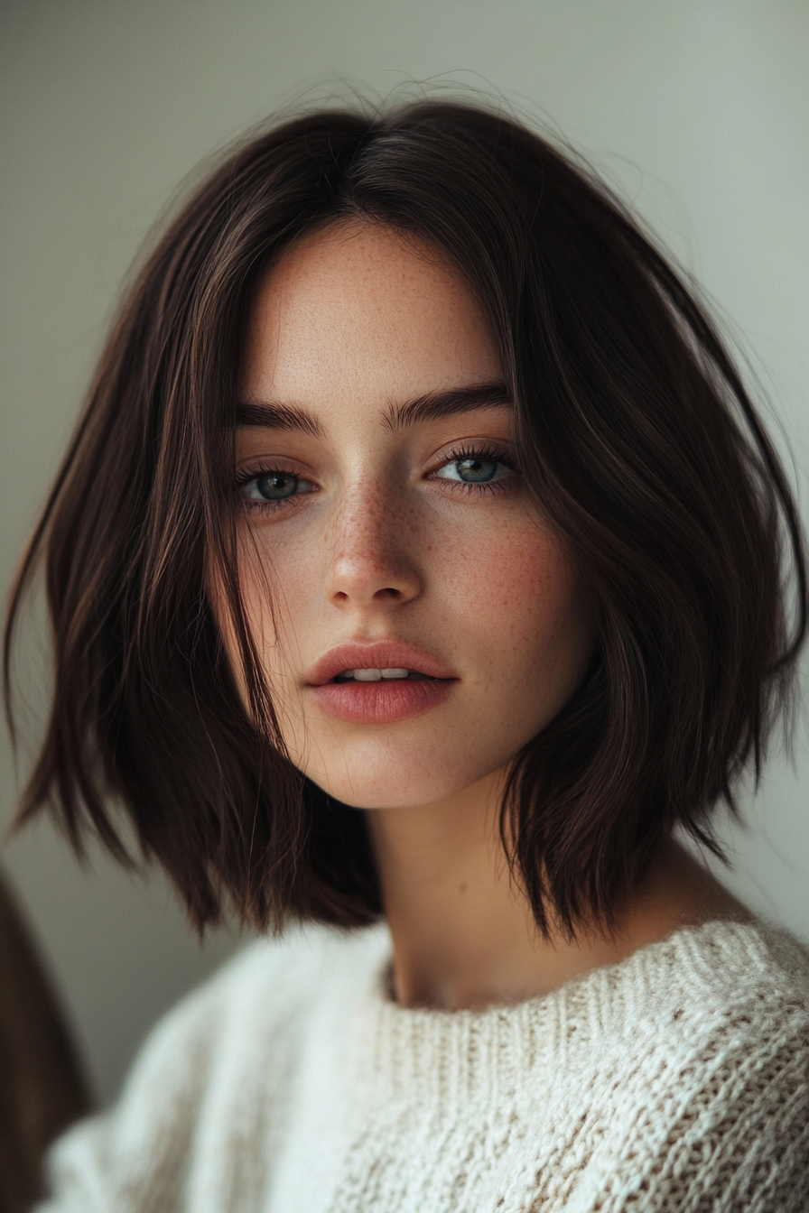 Natural women's style. Blended brunette bob with soft layers.