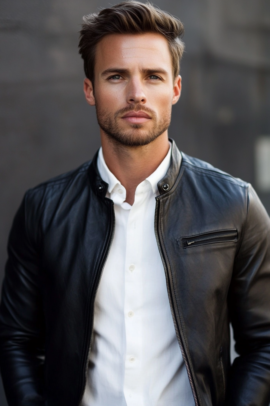 Edgy men's style. Black leather jacket paired with a white mandarin-collared shirt.