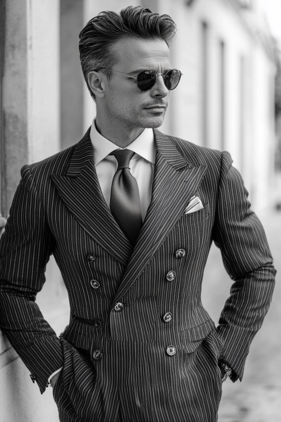 Men's classic style. Striped suit with gradient tie.