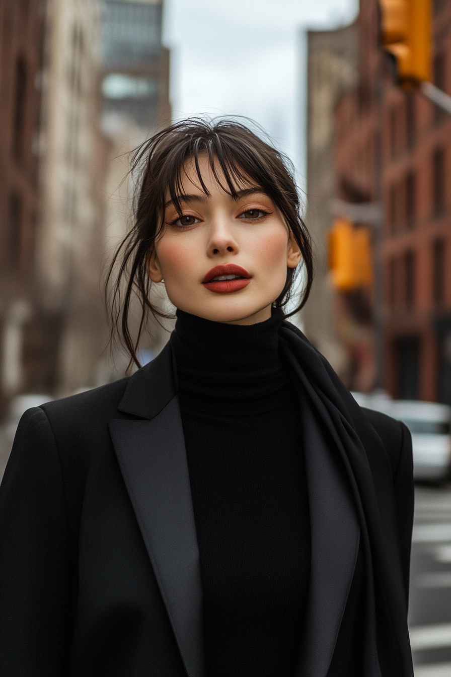 Classic women's style. Black turtleneck with tailored blazer and silk scarf.