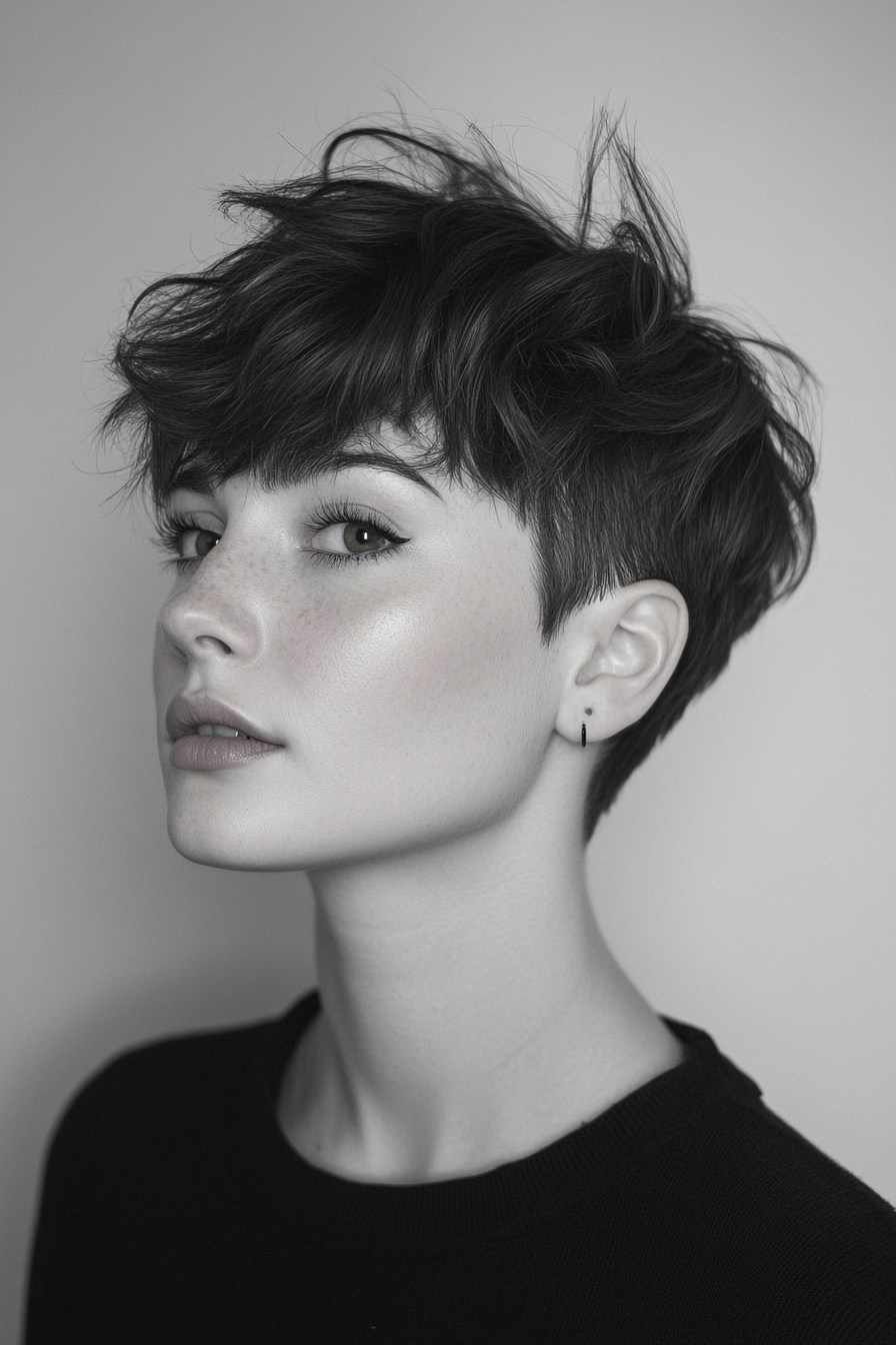 Women's short hairstyle. Textured crown with tapered sides and angled bangs.