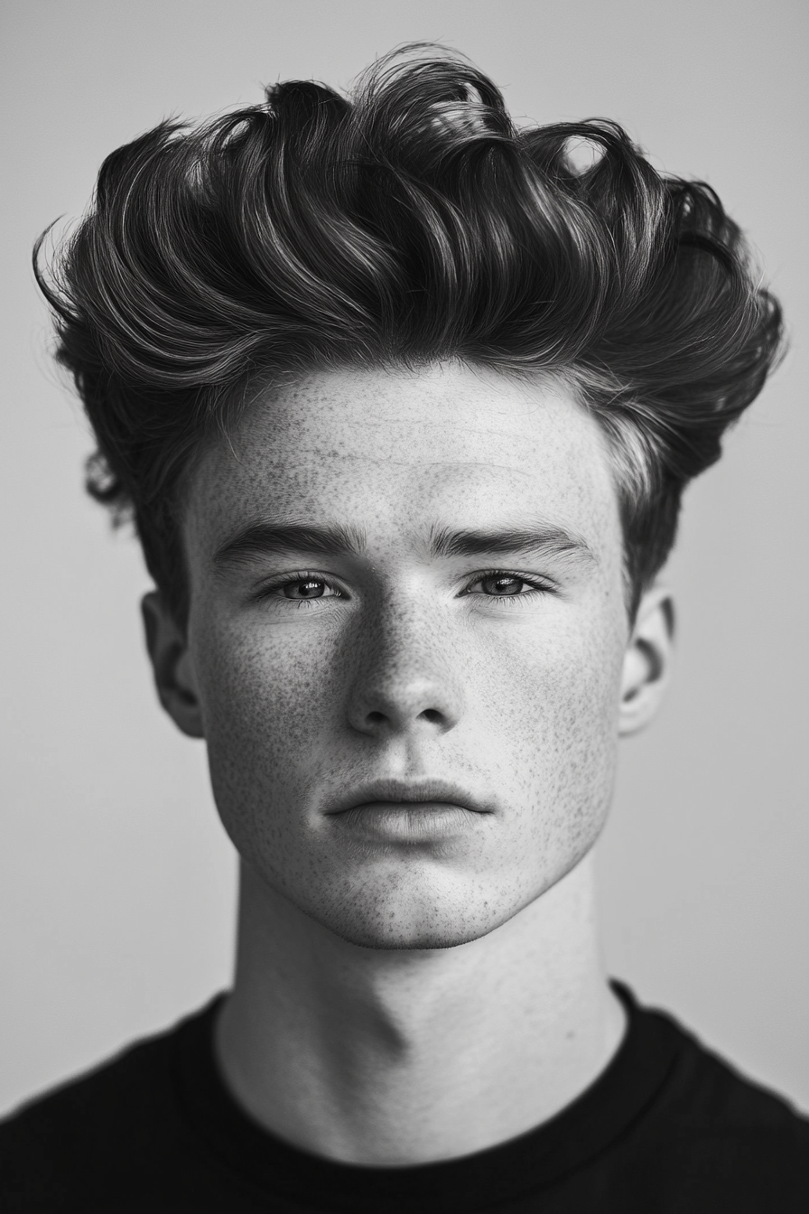 Men's volume hairstyle. Quiff with texture powder for height.