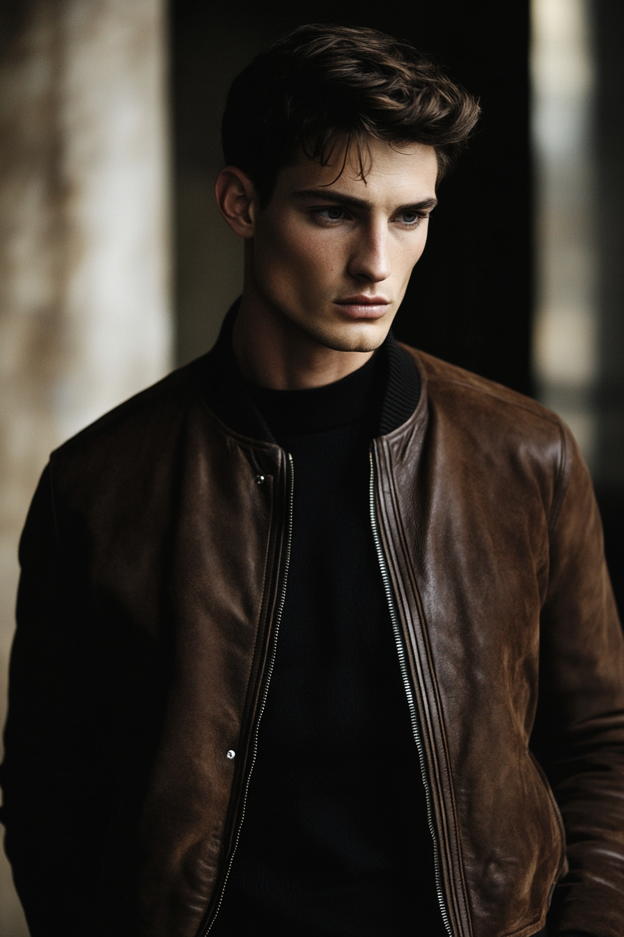 Men's modern style. Dark tone-layered cut with suede bomber jacket.