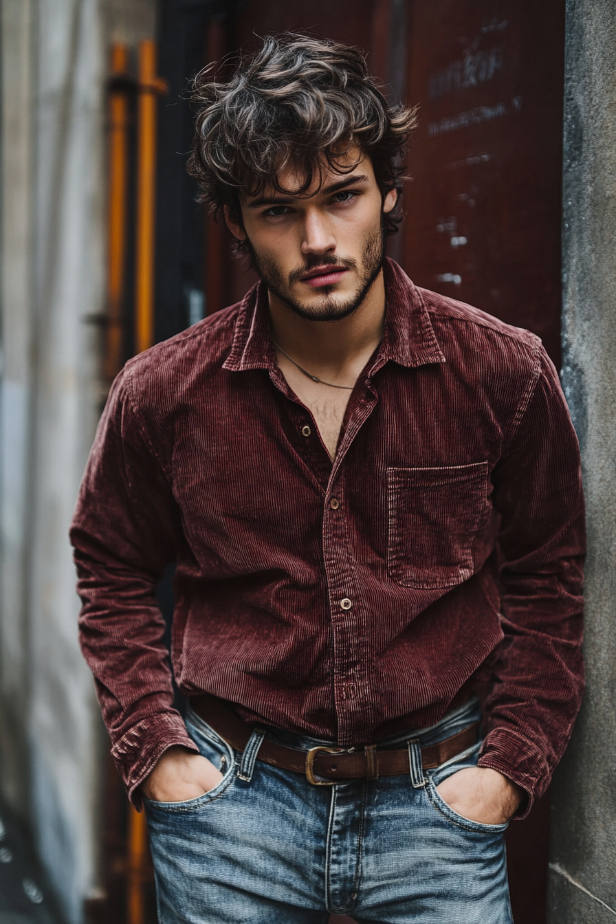 Men's contemporary style. Corduroy shirt with faded jeans.