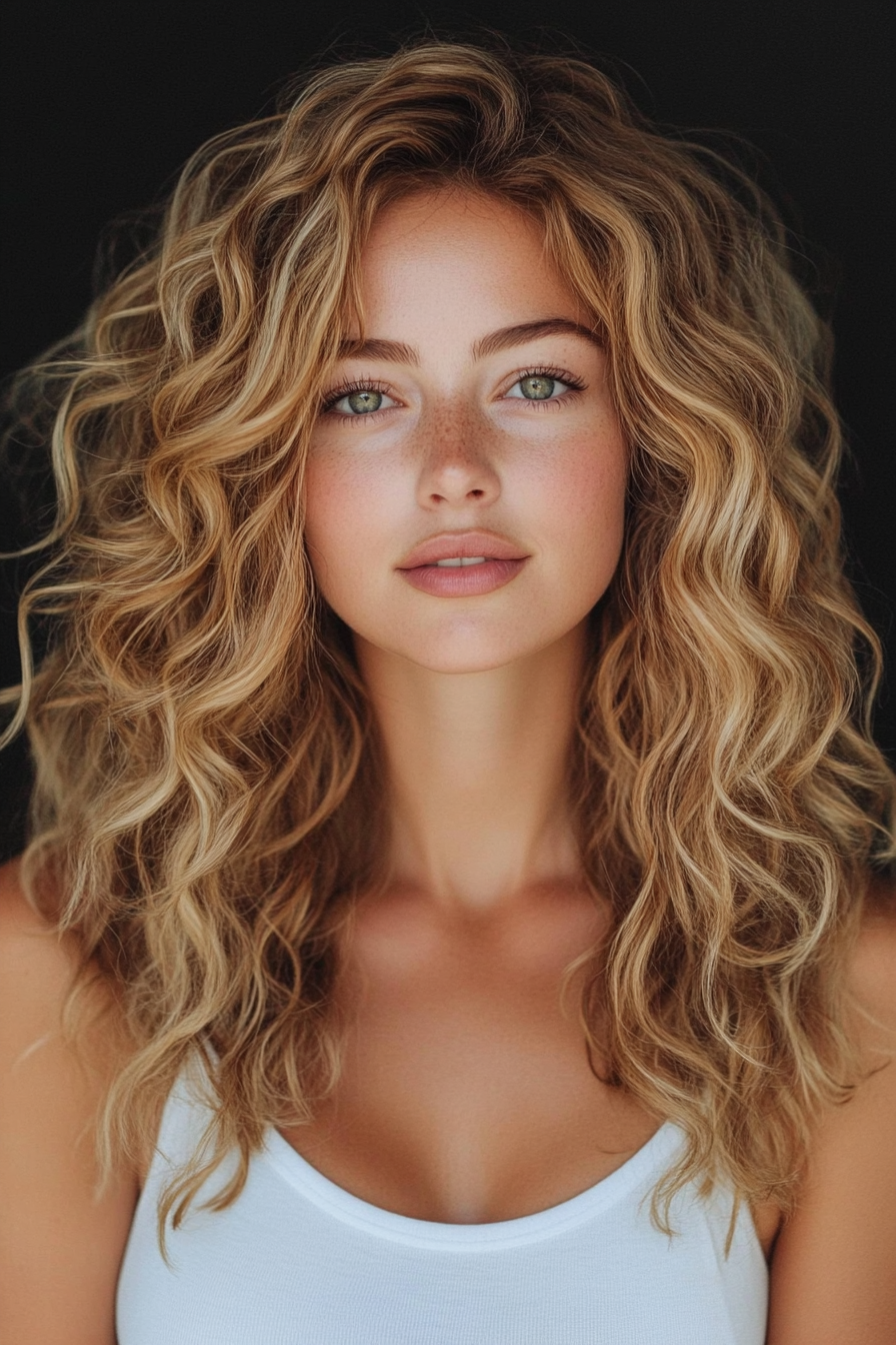 Natural style for women. Loose curls paired with honey-blonde balayage.