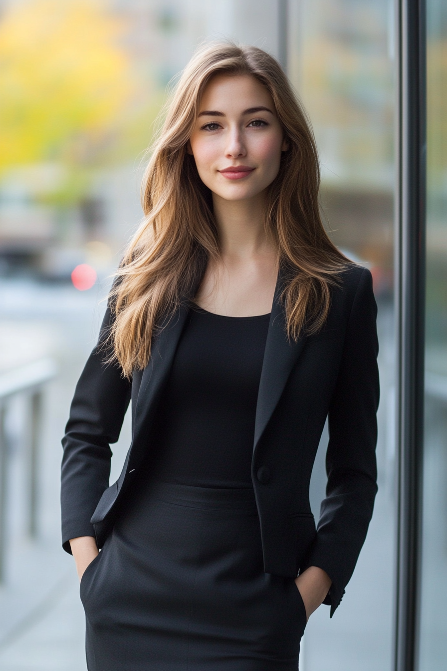 Women's office style. Pencil skirt, black blazer with manageable layers.