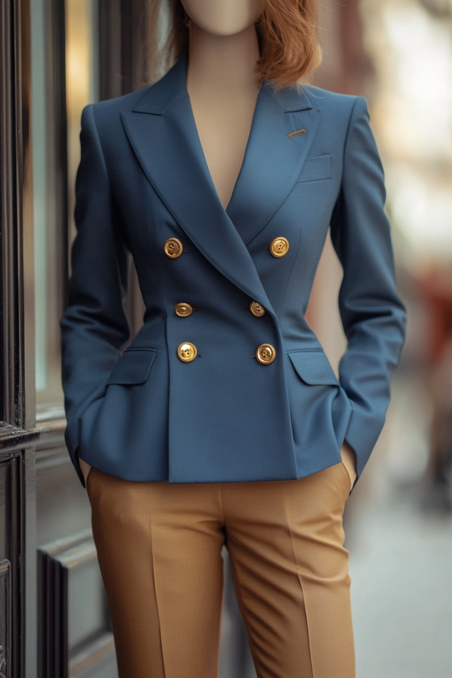 Classic style. Structured blue blazer with gold button accents and camel trousers.