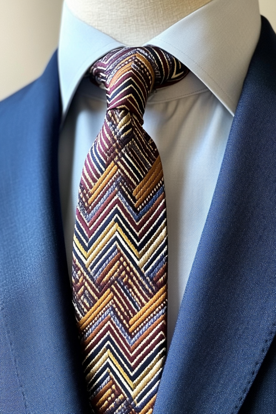 Men's classic style. New-age striped chevron necktie on navy blue blazer.