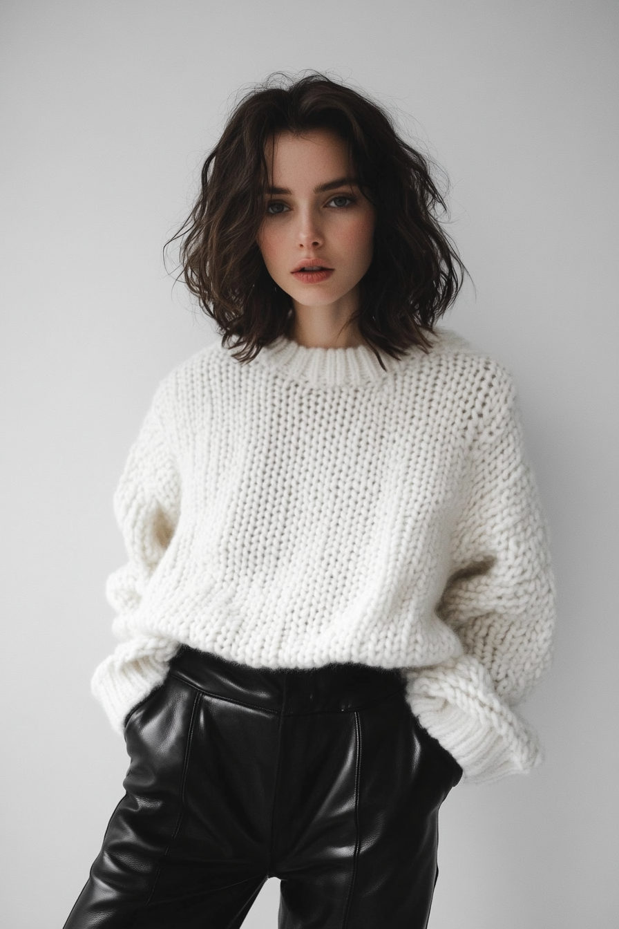 Modern women's style. Black leather trousers with a white chunky-knit sweater.