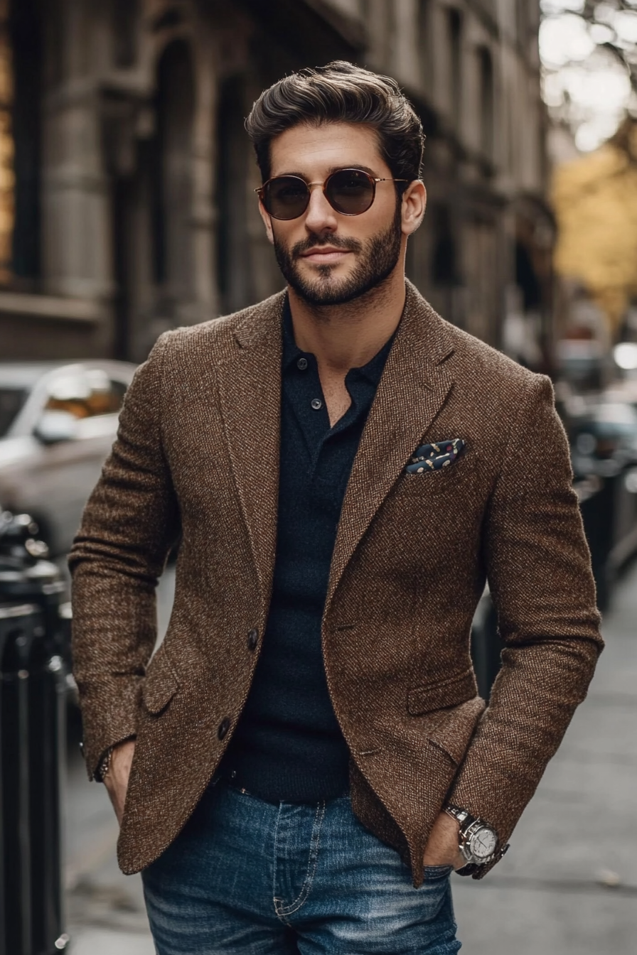 Men's classic style. Brown tweed blazer with gradient navy pinstripes.