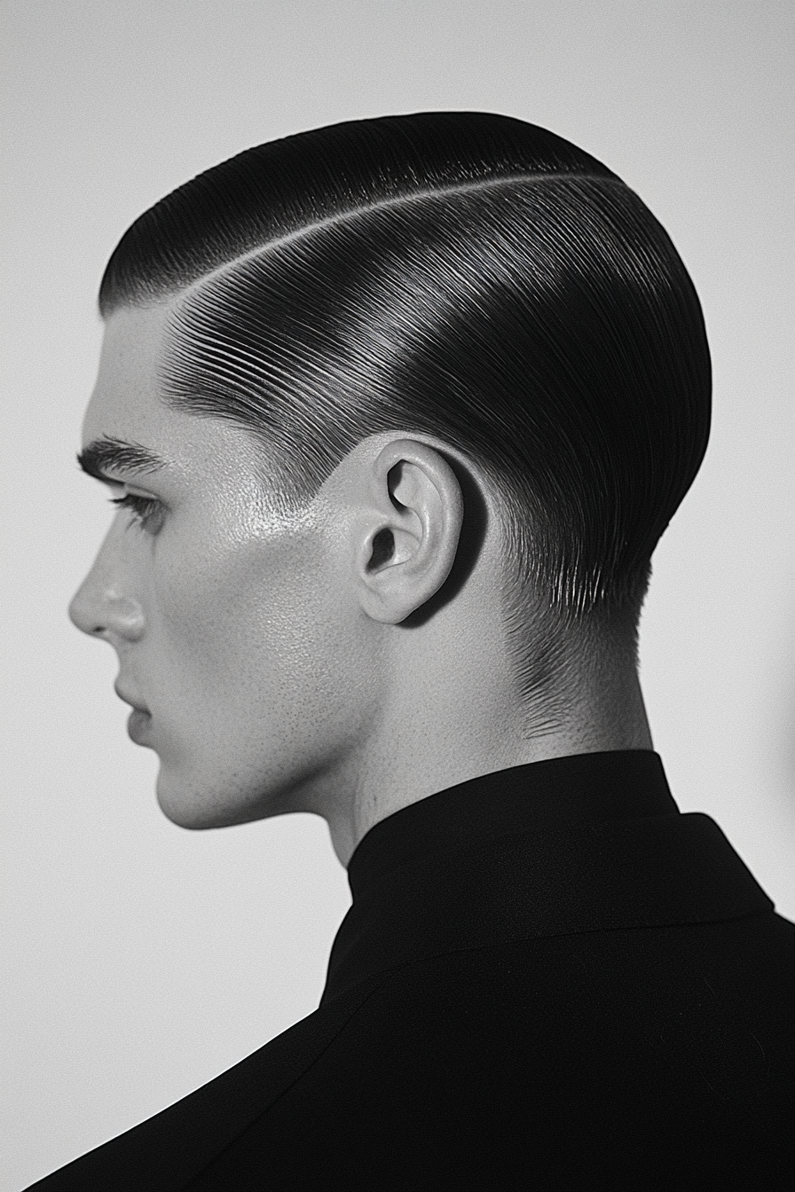 Men's short style collection. Fade hairstyle with gradient, slicked-back hair