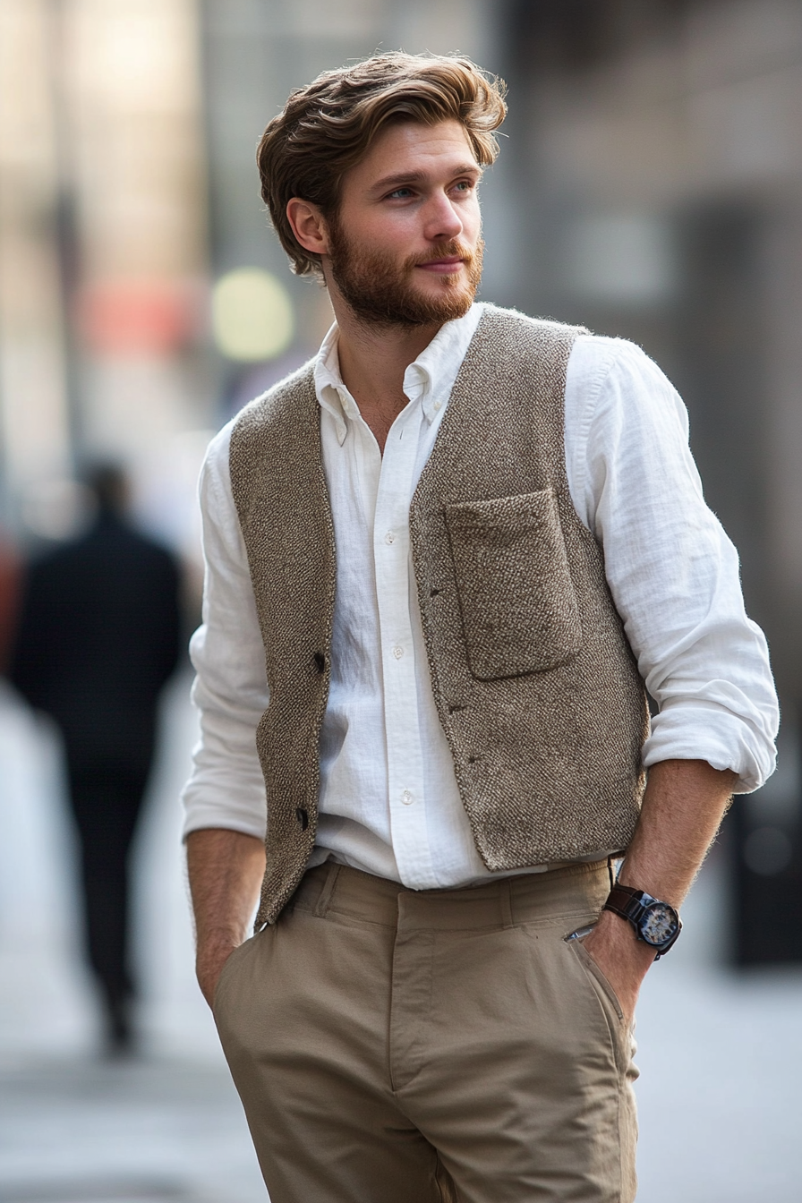 Men's modern style. Layered jumper over white button-down, disconnected with khakis.