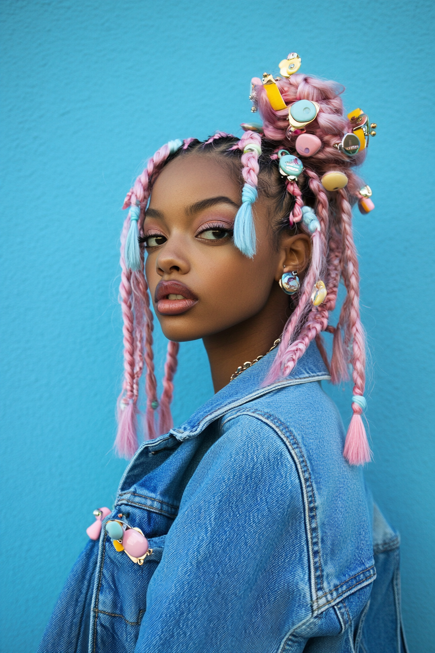 Retro style for women. Denim jacket with Baby braids and pastel color clips.