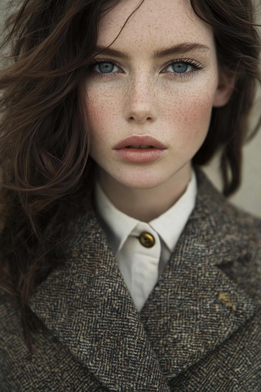 Women's classic style. A tweed blazer with brass buttons and face-framing layers hair.