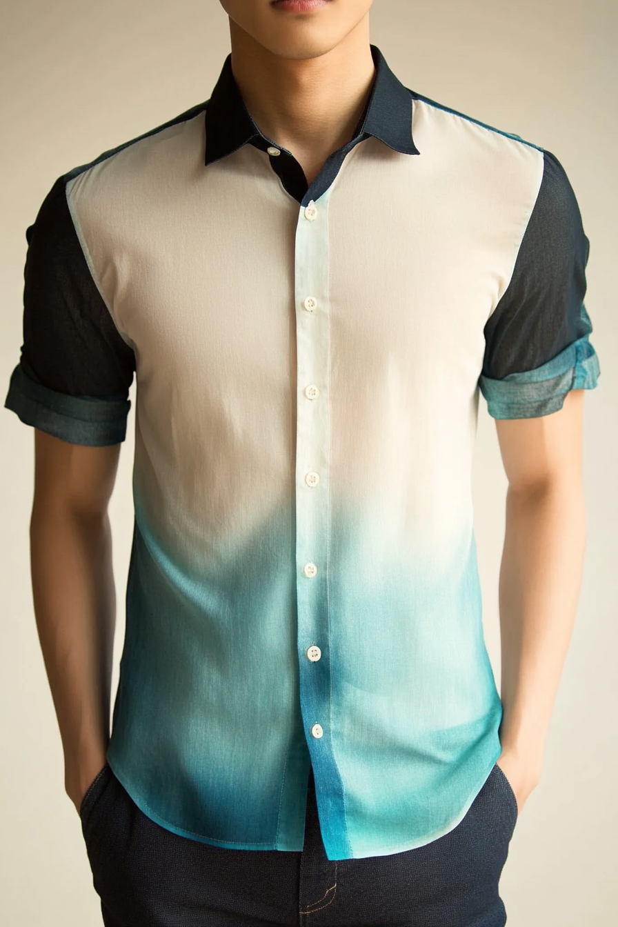 Men's fashion. Short sleeved shirt with gradient color with clear finishing.