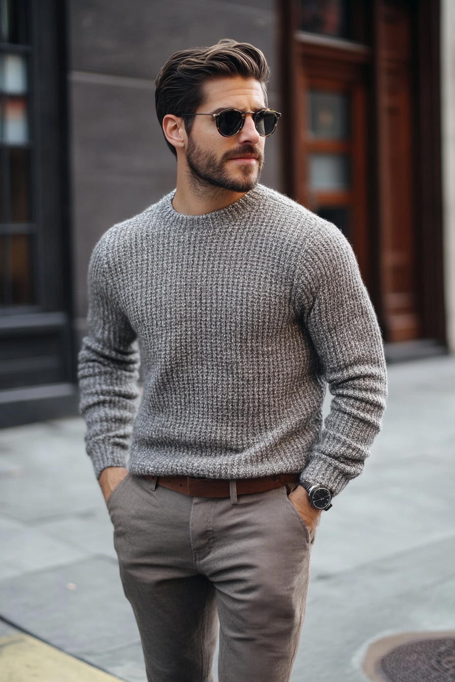 Men's seasonal style. Textured gray pullover with clean, tapered chinos.