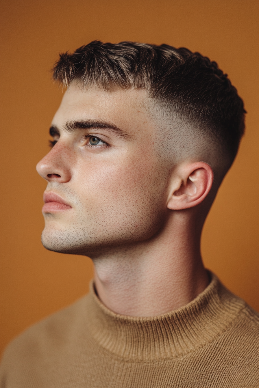 Men's statement style. High crew cut with low fade.