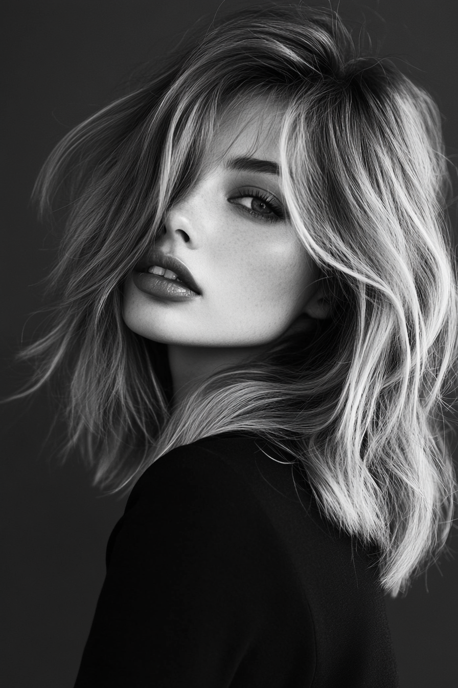 Women's soft style. Mid-length layered cut with flowing waves.