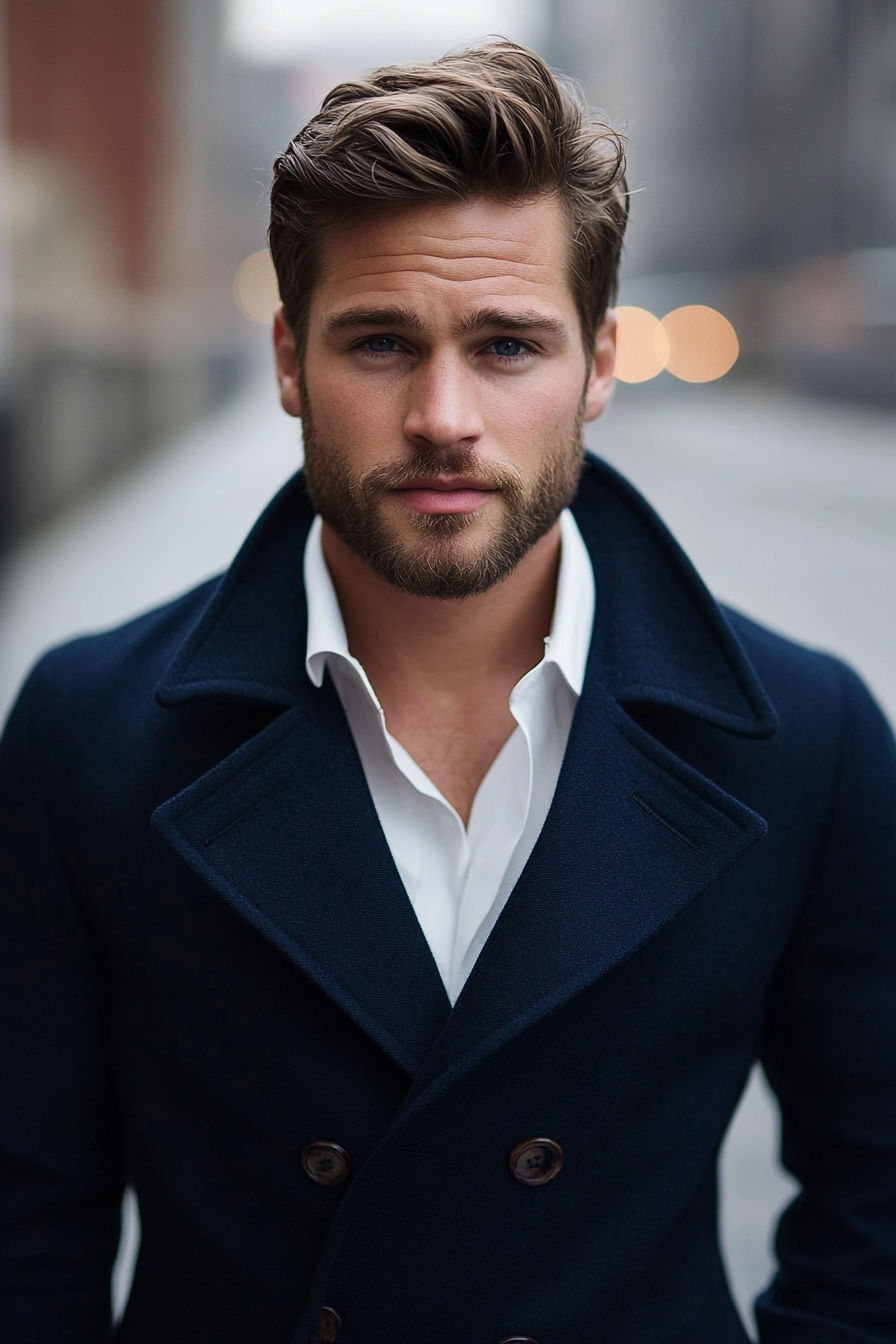 Men's modern style. Navy peacoat over white shirt with popularity cut hairstyles.