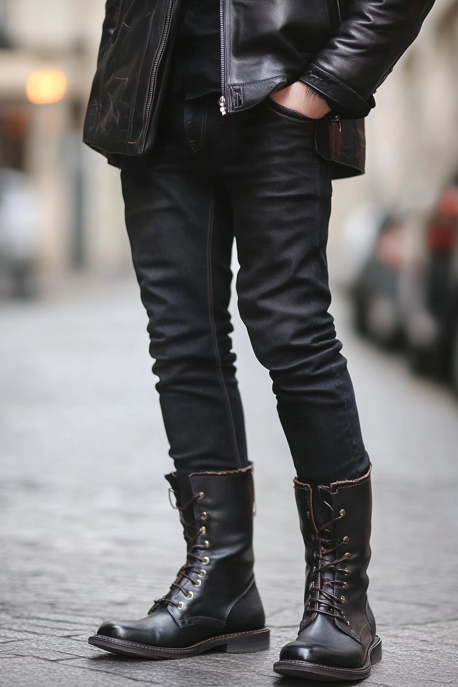 Men's statement style. Tall black boots, cuffed jeans, integrated fade leather jacket.