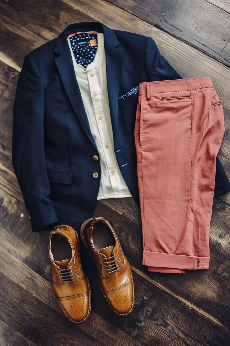 Men's classic style. Navy blazer, salmon trousers, oxford shoes, faded trim.