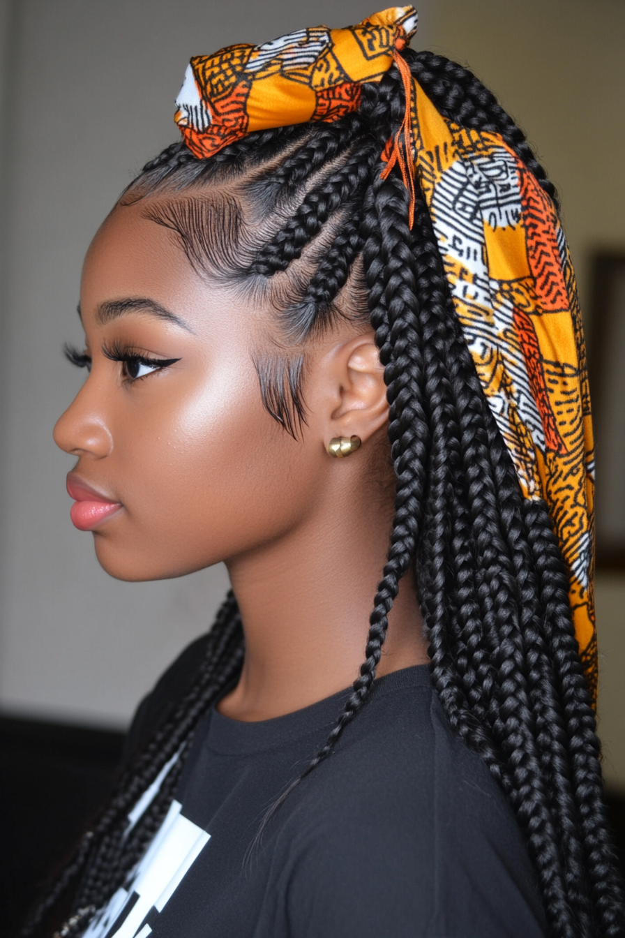 Women's protective style. Box braids with triangular parts and satin scarf maintenance.