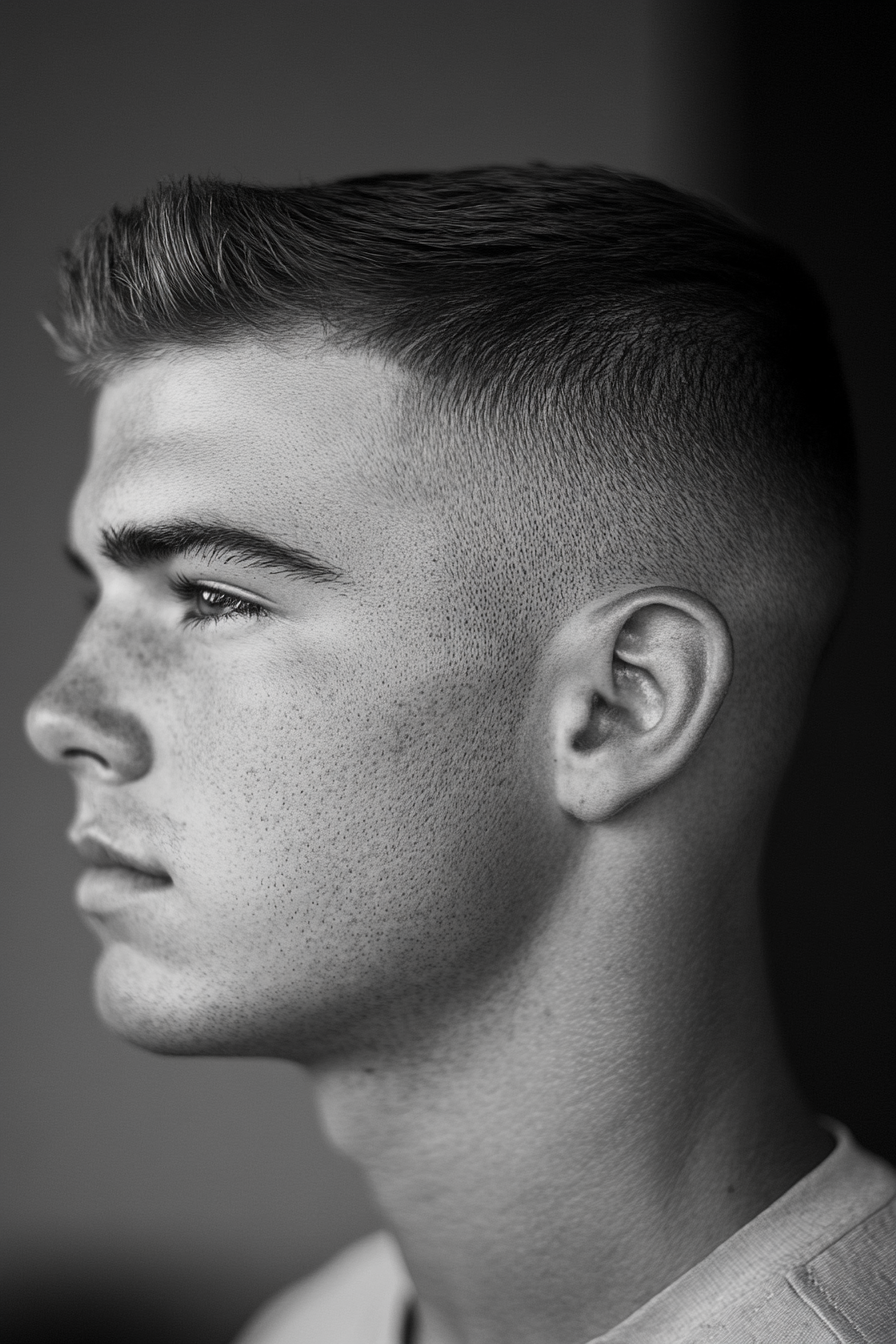 Men's short style. Fade haircut with barber line.