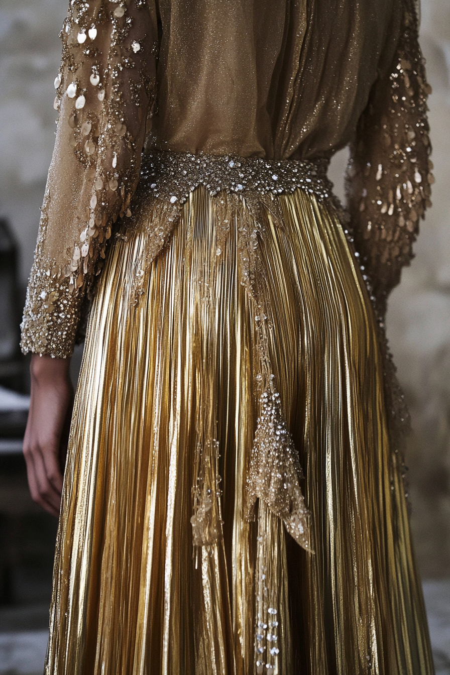 Festive Style. Gold metallic spray skirt with crystal studded blouse.