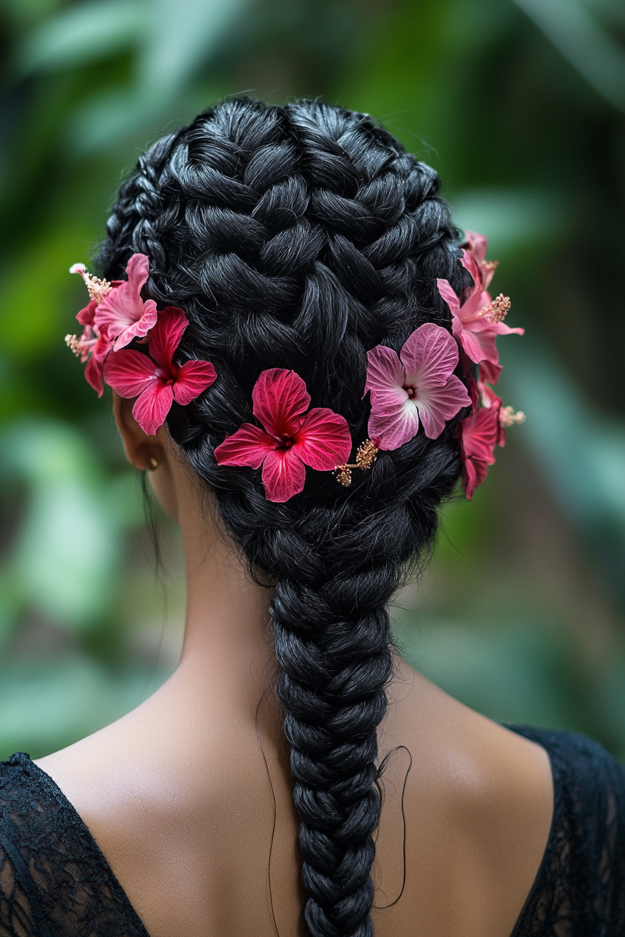 Braided hairstyle for women. Ladder braid with hibiscus oil applied on scalp.