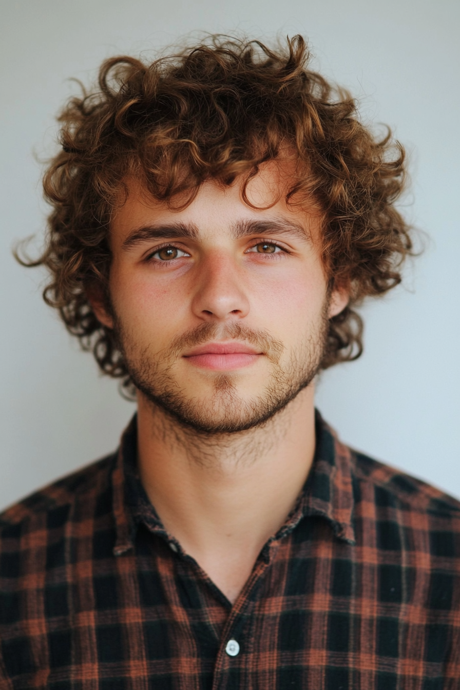 Men's curly style. Layered cut with coconut oil application.