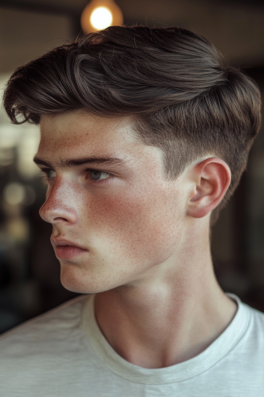 Men's Short Style. neatly groomed side part fade haircut.