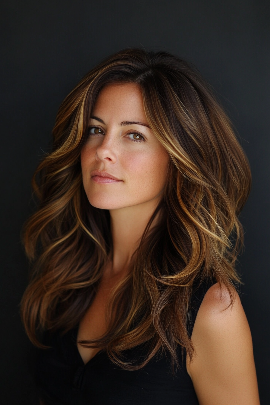 Women's Hair Color. Chestnut brown with caramel highlights.