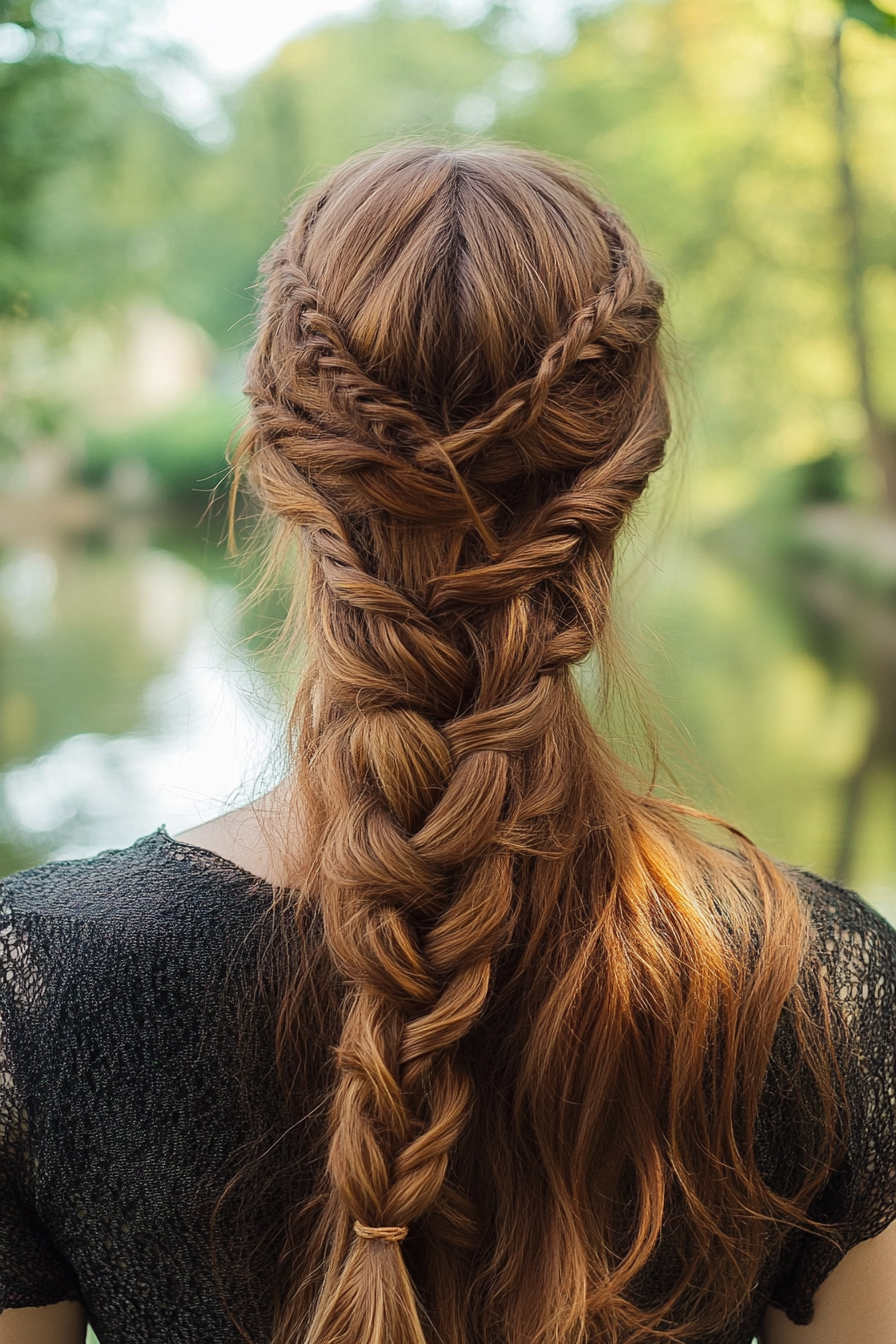 Women's braided hairstyle. Half up fishtail with a head massage.