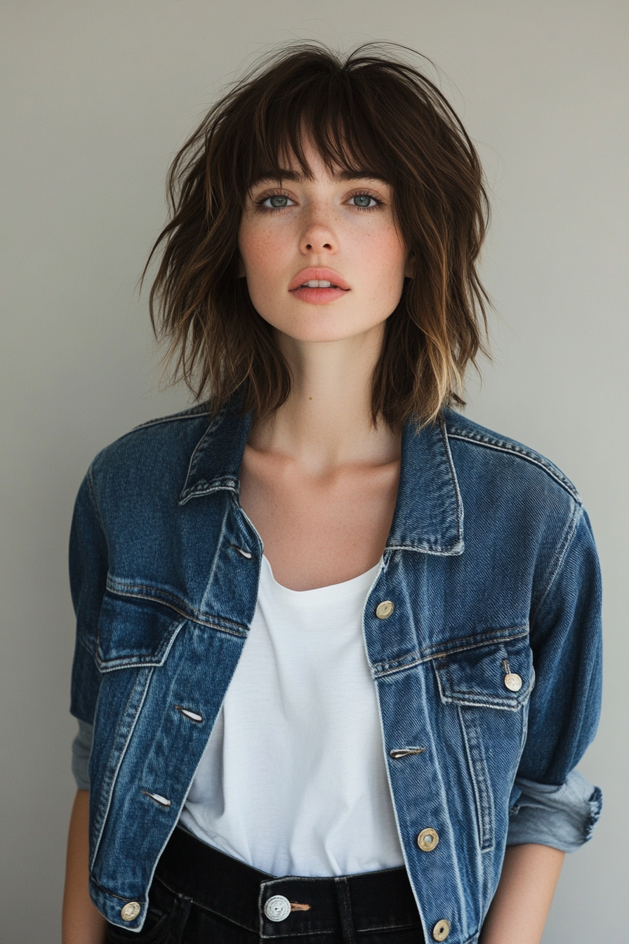 Modern style for women. Denim jacket, black skinny jeans, white shirt, choppy layered haircut with curtain bangs.