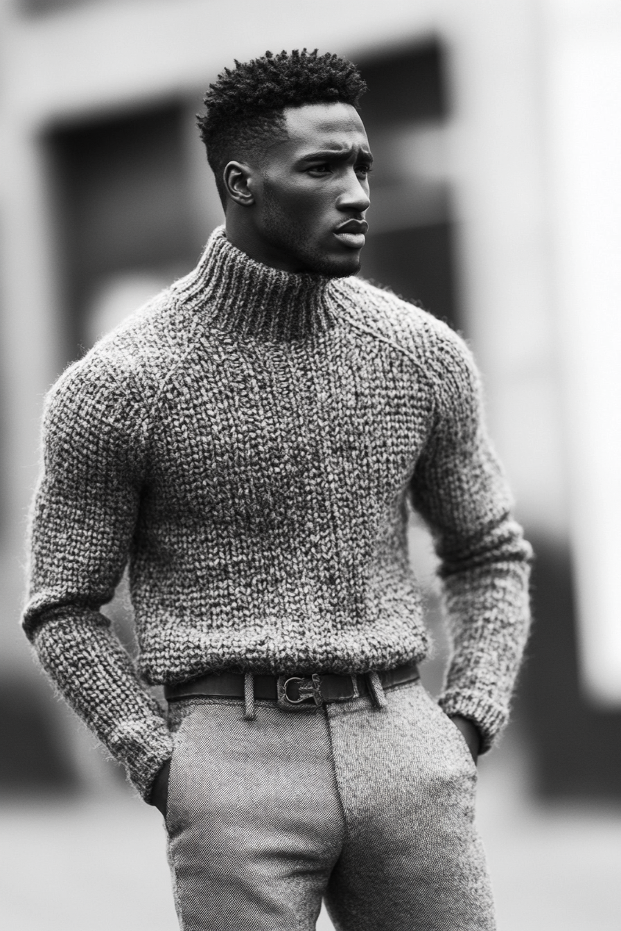 Men's seasonal style. Textured knit sweater with tapered trousers.