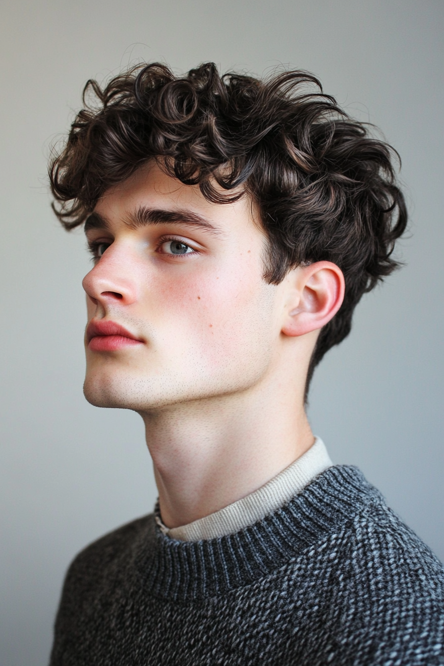 Men's hairstyle. Defined curls with mid-fade.