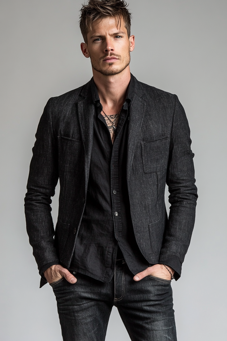 Men's modern style. Dark denim jeans, layered black shirt with grey blazer, disconnected undercut.