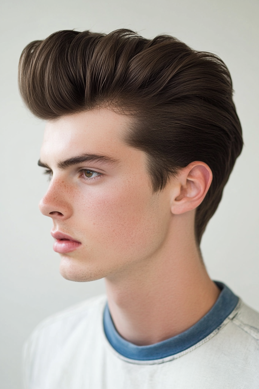 Men's edgy style. Tall pompadour with faded sides.