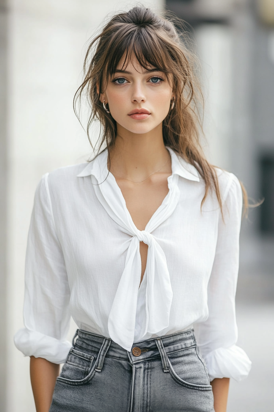 Modern style for women. White front-tie blouse, with grey jeans cuts, coppy layer and curtain bangs.