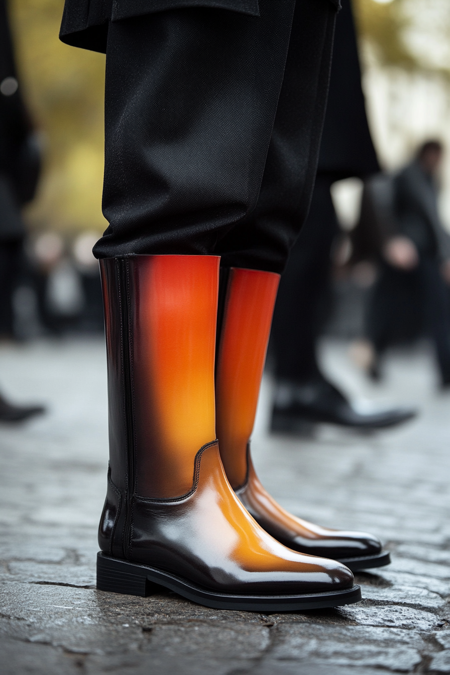 Men's statement style. Tall leather boots with smooth fade-gradient detail.