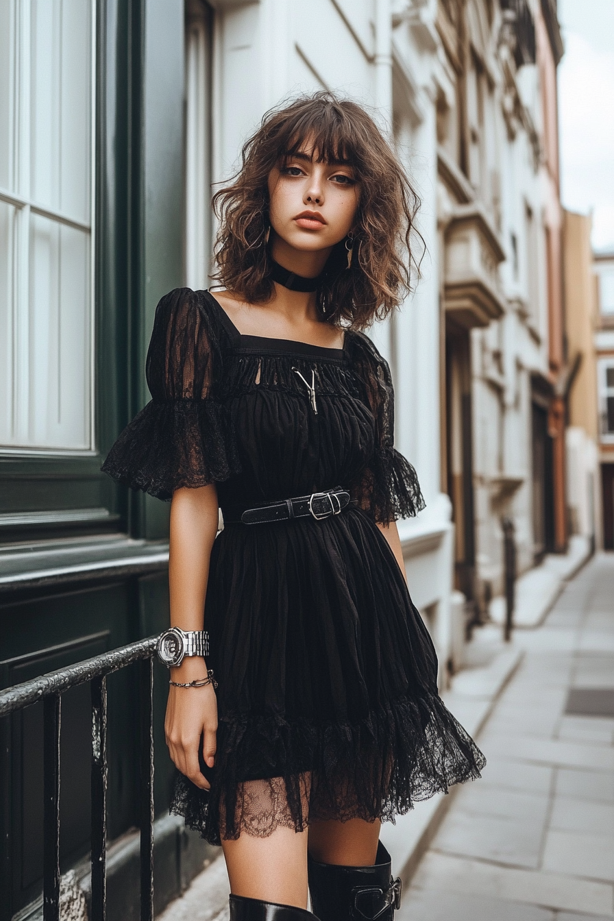 Modern style for women. Black dress, watch and boots accessorised with choppy layer cut and curtain bangs.