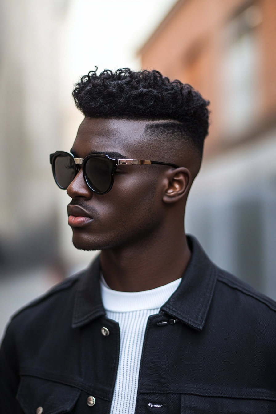 Men's statement style. High-top fade with a crisp line-up.