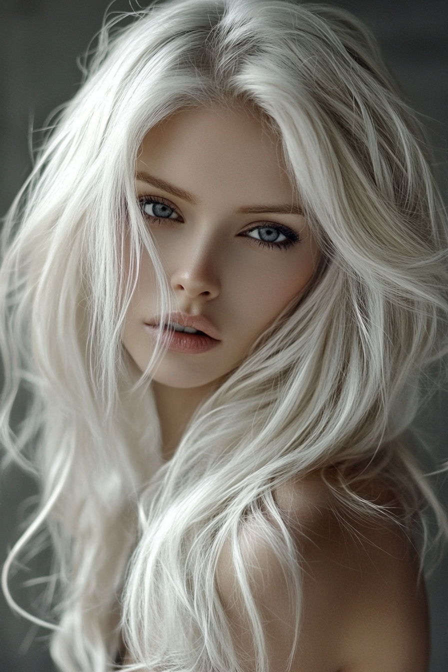 Women's hair color. Blonde with shadow roots and silver toning.