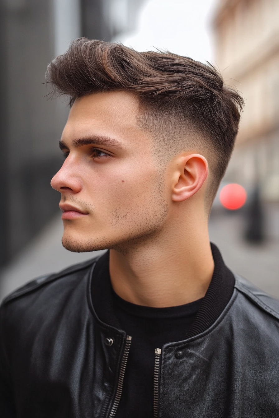 Men's edgy style. Short heightened quiff with low fade haircut.