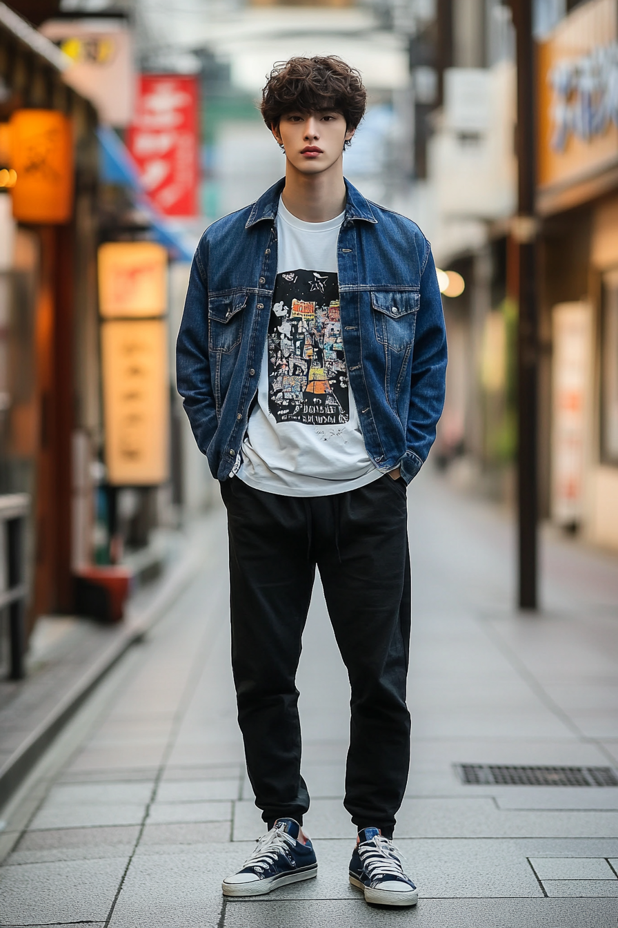 Men's modern style. Denim jacket over graphic tee, tapered trousers with high-top sneakers.